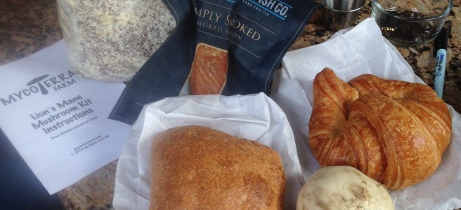 picture of pastries, turnips, salmon and mushroom growing kit