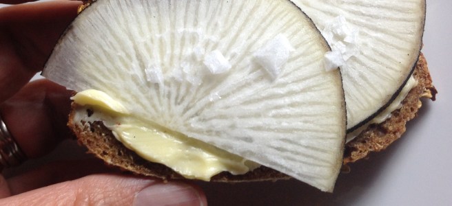 slice of borodinsky bread with butter, black radish, and salt